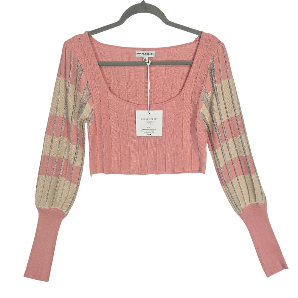 NWT Pink Cream Knit Crop Top Puff Sleeve L Wide Rib Square Neck Feminine Girly